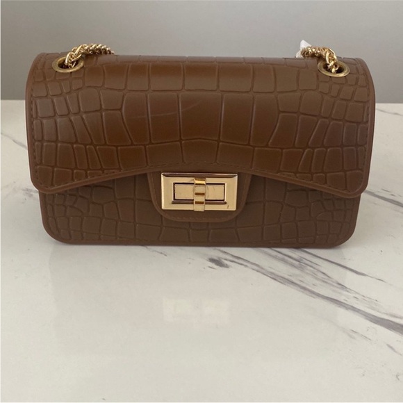 Handbags - Brown Croc-Embossed Chain Shoulder Bag